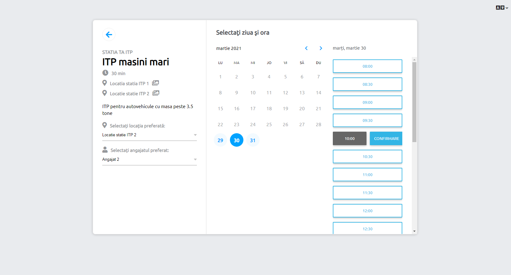 Pagina de programare online — selectare dată și oră